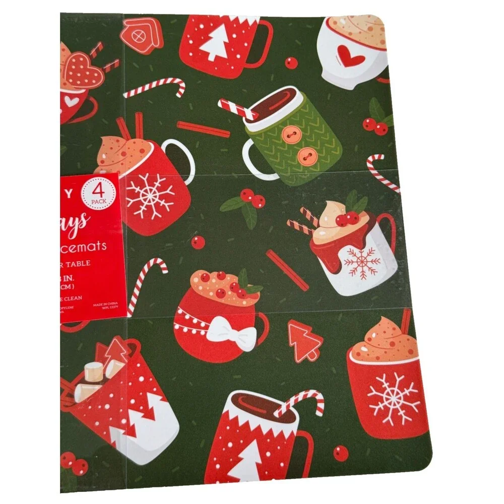 Christmas Hot Chocolate Placemats Set of 4 Vinyl Foam Back Holiday 13x18